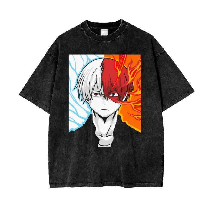 "HALF & HALF" - Shoto Todoroki- MHA Anime Vintage / Acid Washed Oversized T-Shirt
