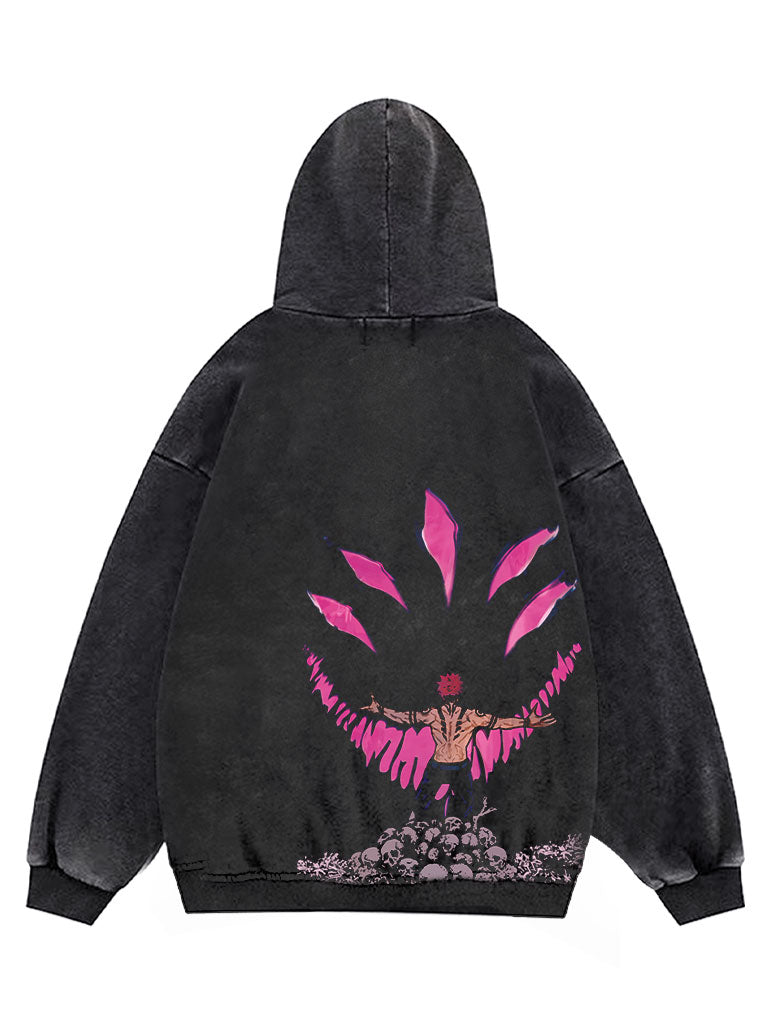 Anime - Streetwear - "THE CURSE" - Sukuna - JJK Anime Oversized Vintage / Acid Washed Hoodie - Alpha Weebs