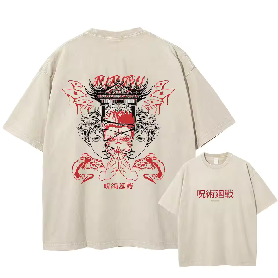 Anime - Streetwear - "DUALITY OF FATE" - Sukuna & Yuji - JJK Anime Vintage / Acid Washed Oversized T-Shirt | V-2 - Alpha Weebs