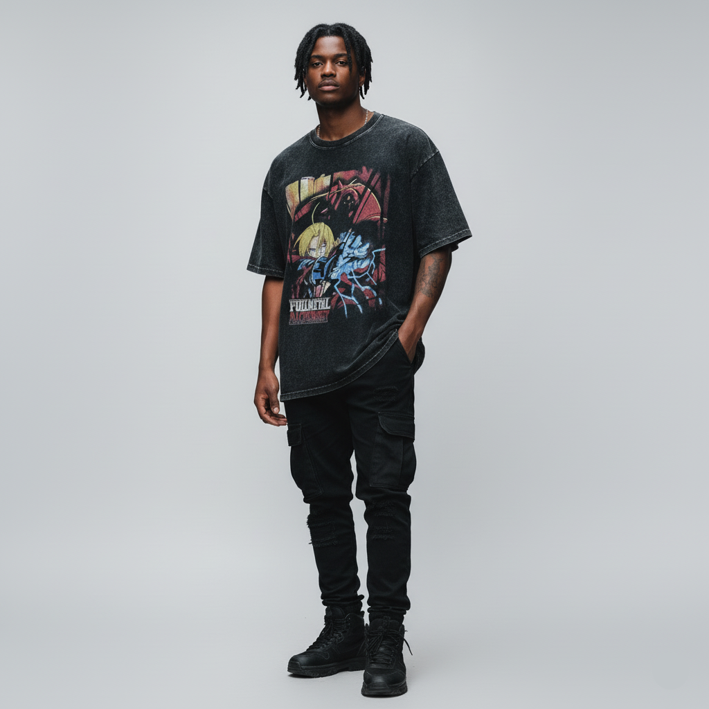 "ELRICS" - Vintage / Acid Washed Fullmetal Alchemist Oversized T-Shirt - Alpha Weebs