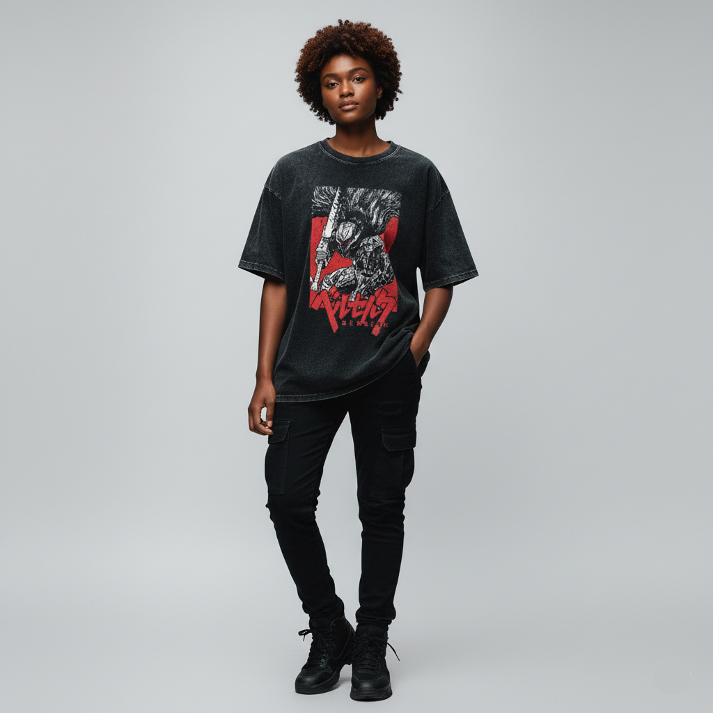 "ARMORED RAGE" - Berserk Anime Oversized Vintage / Acid Washed Guts T-Shirts - Alpha Weebs