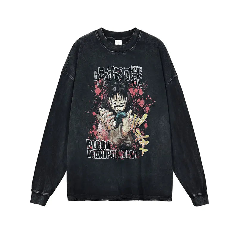 Anime - Streetwear - "BLOOD MANIPULATION" - Kamo - Jujutsu Kaisen Anime Oversized Vintage / Acid Washed Sweatshirt - Alpha Weebs