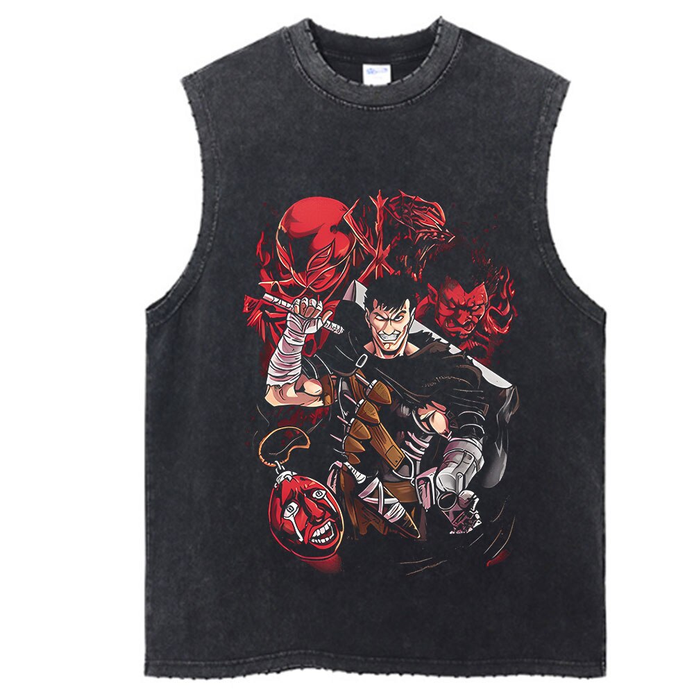 Anime - Streetwear - "SLAY" - Berserk Anime Vintage / Acid Washed Guts Sleeves Tank Top - Alpha Weebs
