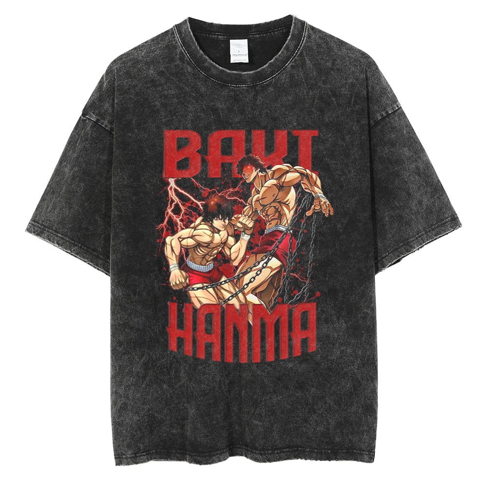 Anime - Streetwear - "LILL HANMA" - Baki Anime Oversized Vintage / Acid Washed T-Shirts - Alpha Weebs