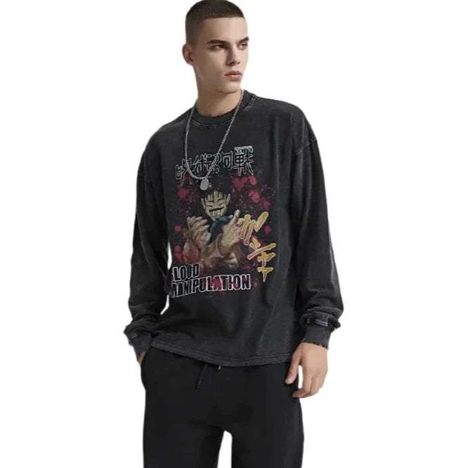Anime - Streetwear - "BLOOD MANIPULATION" - Kamo - Jujutsu Kaisen Anime Oversized Vintage / Acid Washed Sweatshirt - Alpha Weebs