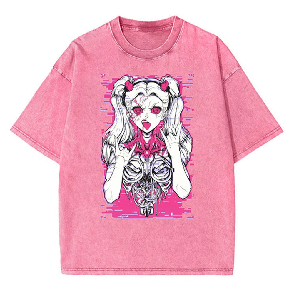 Anime - Streetwear - "CRZY ECCA" - Rebecca - Cyberpunk Anime Vintage / Acid Washed Oversized T-Shirt - Alpha Weebs