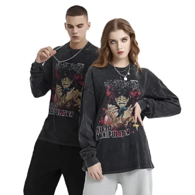 Anime - Streetwear - "BLOOD MANIPULATION" - Kamo - Jujutsu Kaisen Anime Oversized Vintage / Acid Washed Sweatshirt - Alpha Weebs