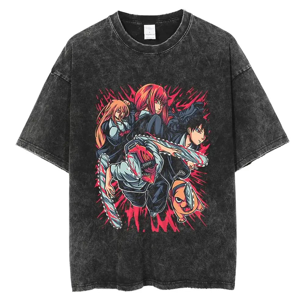 Anime - Streetwear - Chainsaw Man Vintage / Acid Washed Anime Oversized T-Shirts - Alpha Weebs