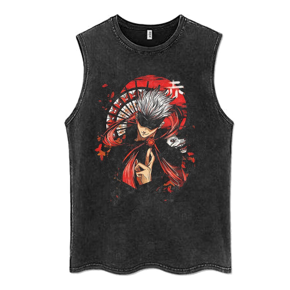 Anime - Streetwear - "SPIRT GOJO" - Jujutsu Kaisen Anime Vintage / Acid Washed Gojo Satoru Sleeveless Tank Tops - Alpha Weebs