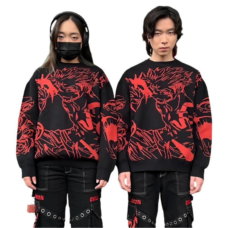 Anime - Streetwear - "CURSED ARTIST" - Sukuna + Nobara - Jujutsu Kaisen Anime Knitted Sweater - Alpha Weebs
