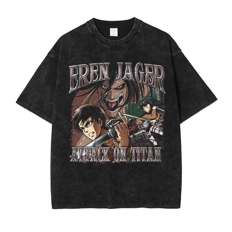 Anime - Streetwear - "CLASSIC JEAGER" - Attack On Titan Anime Oversized Vintage / Acid Washed T-Shirts | 2 Colors - Alpha Weebs