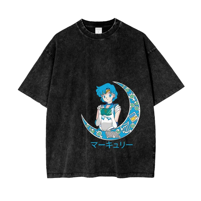 "MIND'S MIGHT" - Sailor Mercury - Sailor Moon Anime Vintage / Acid Washed Oversized T-Shirt
