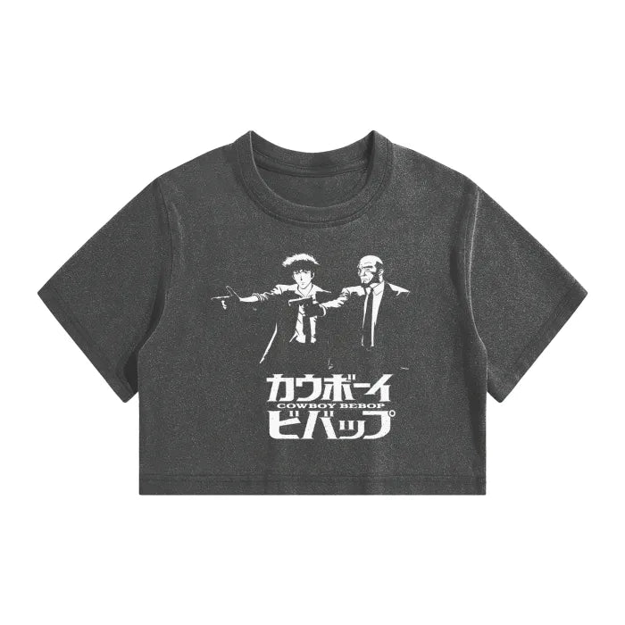 Anime - Streetwear - "DUSK RIDERS" - Vintage / Acid Washed Cowboy Bebop Anime Crop Top - Alpha Weebs