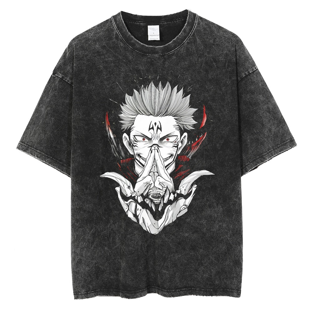 Anime - Streetwear - "POSSESSED" - Yuji Sukuna Jujutsu Kaisen Anime Vintage / Acid Washed Oversized T-Shirt - Alpha Weebs