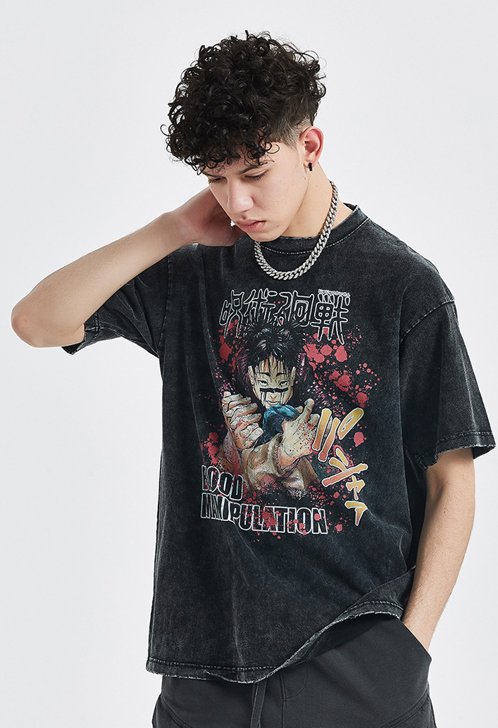 Anime - Streetwear - "BLOOD MANIPULATION" - Jujutsu Kaisen Anime Oversized Vintage / Acid Washed T-Shirt - Alpha Weebs