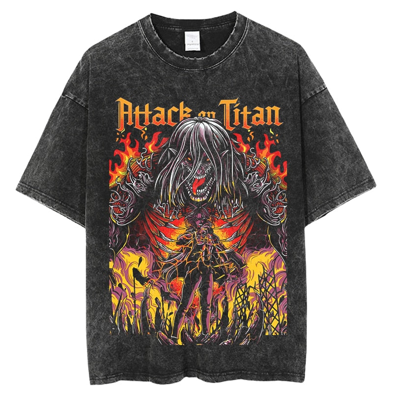 Anime - Streetwear - "ROCK N' RUMBLE" - AOT Anime Eren Yeager Vintage / Acid Washed Oversized T-Shirt - Alpha Weebs