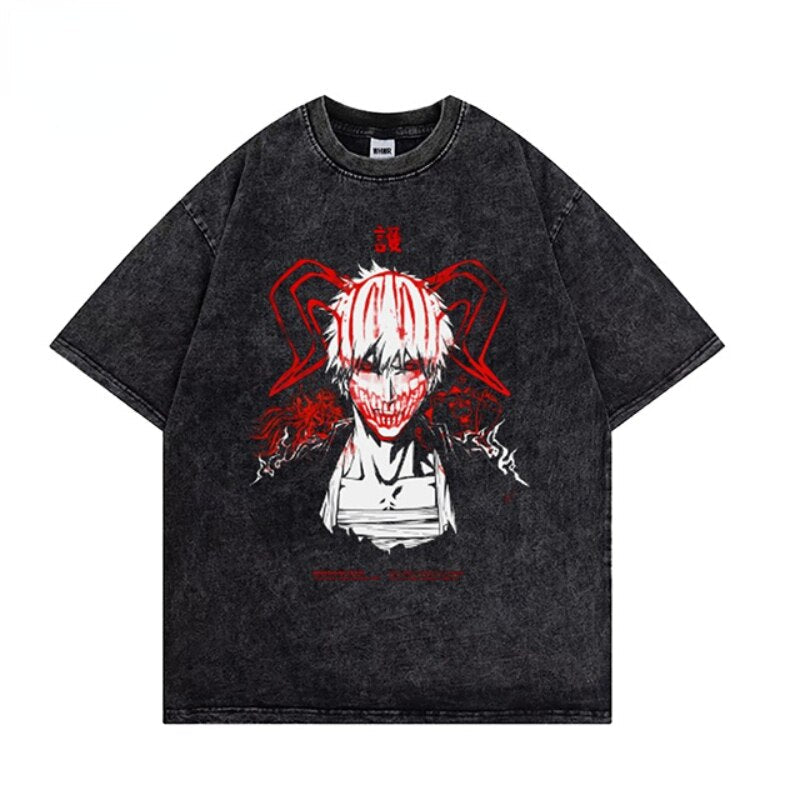 Anime - Streetwear - "SHADOW OF DEVIL" - Vintage / Acid Washed Bleach Anime Ichigo Oversized T-Shirt | 2 Options - Alpha Weebs