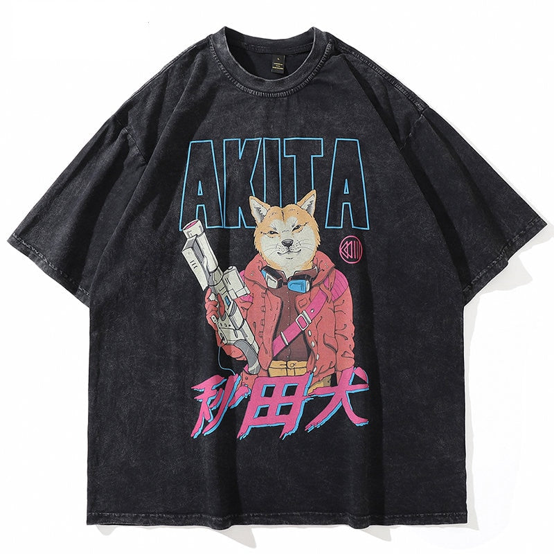 Anime - Streetwear - "AKITA INU" - Anime Oversized Vintage / Acid Washed T-Shirt - Alpha Weebs