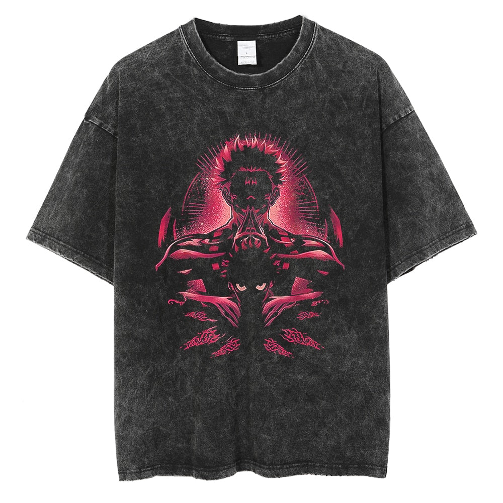 Anime - Streetwear - "KING INSIDE" - Jujutsu Kaisen Anime Sukuna Vintage / Acid Washed Oversized T-Shirt | 2 colors - Alpha Weebs