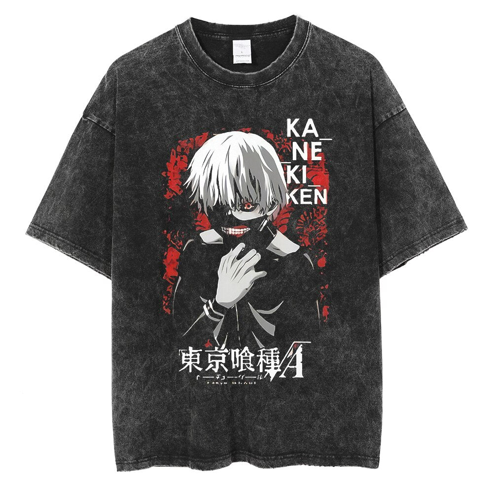 Anime - Streetwear - "HUNGRY FOR COFFEE" - Ken Kaneki Tokyo Ghoul Anime Vintage / Acid Washed Oversized T-Shirt - Alpha Weebs