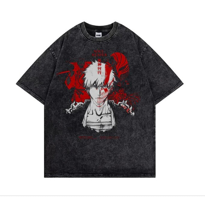Anime - Streetwear - "SHADOW OF DEVIL" - Vintage / Acid Washed Bleach Anime Ichigo Oversized T-Shirt | 2 Options - Alpha Weebs