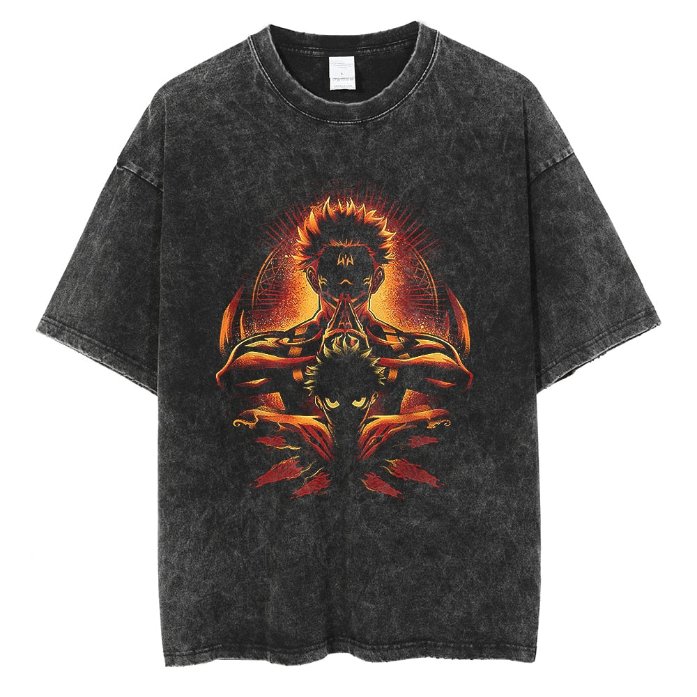 Anime - Streetwear - "KING INSIDE" - Jujutsu Kaisen Anime Sukuna Vintage / Acid Washed Oversized T-Shirt | 2 colors - Alpha Weebs