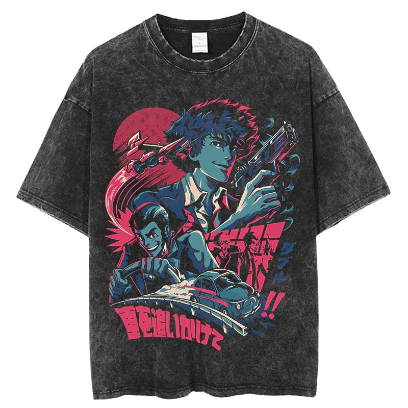 Anime - Streetwear - "SPIKE-LUPIN" - Vintage / Acid Washed Cowboy Bebop X Lupin 3 Anime T-Shirt - Alpha Weebs