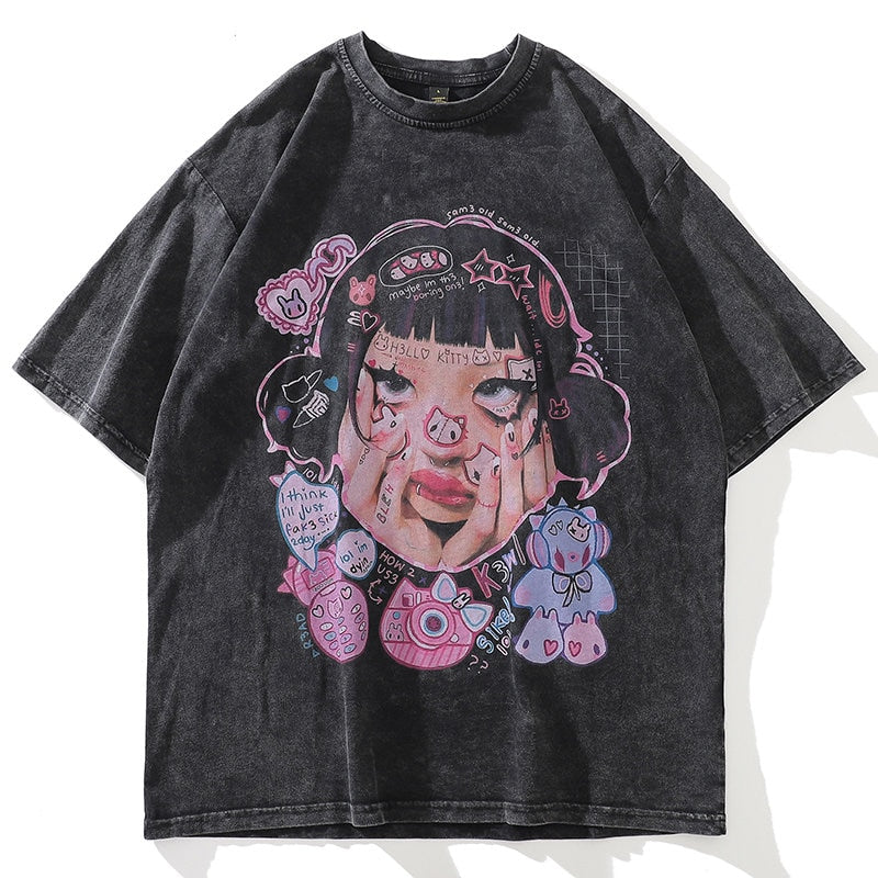 Anime - Streetwear - "CLASSIC H" - Bentai Anime Oversized Vintage / Acid Washed T-Shirt - Alpha Weebs