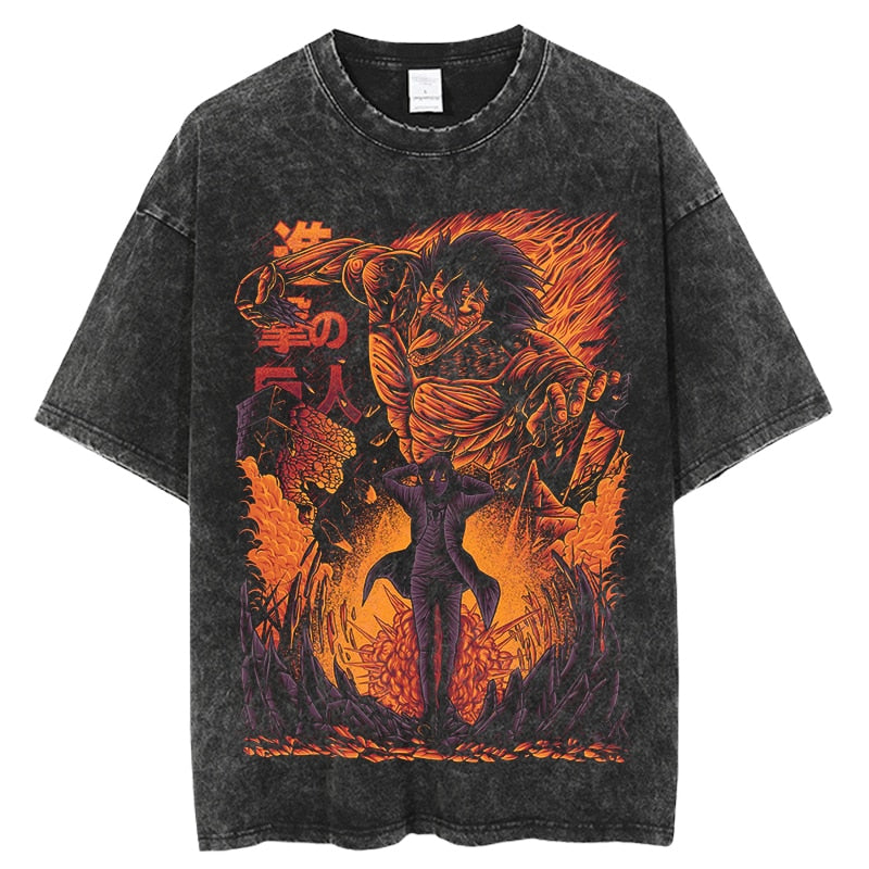 Anime - Streetwear - "ROCK N' RUMBLE" - AOT Anime Eren Yeager Vintage / Acid Washed Oversized T-Shirt - Alpha Weebs