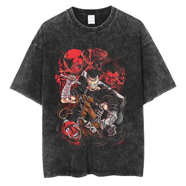 Anime - Streetwear - "SLAY" - Berserk Vintage / Acid Washed Guts Anime Oversized T-Shirt - Alpha Weebs