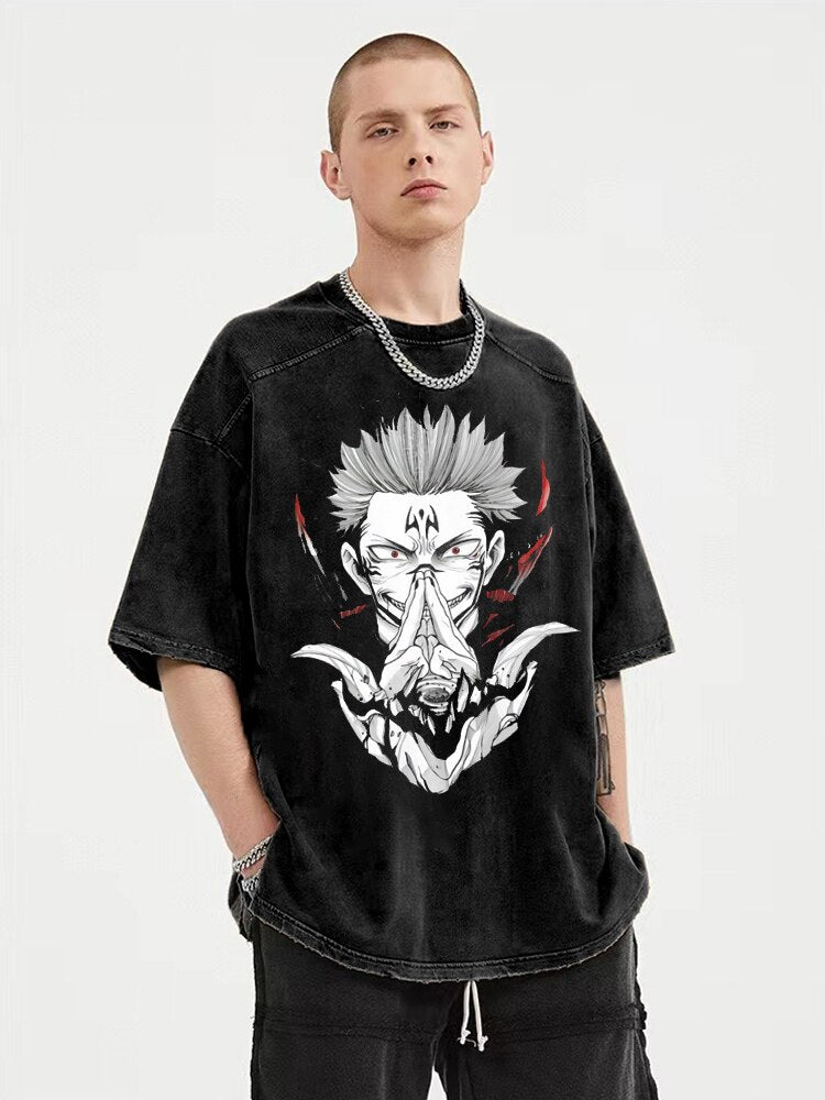 Anime - Streetwear - "POSSESSED" - Yuji Sukuna Jujutsu Kaisen Anime Vintage / Acid Washed Oversized T-Shirt - Alpha Weebs