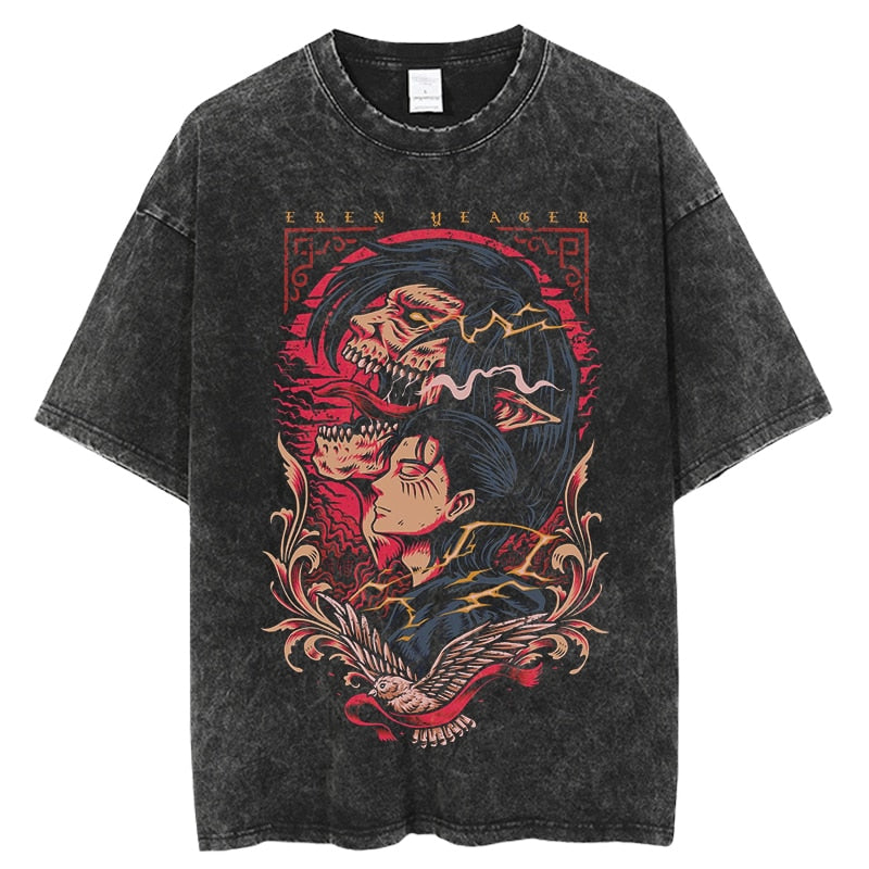 Anime - Streetwear - "MAN & TITAN" - Attack On Titan Anime Eren Yeager Vintage / Acid Washed Oversized T-Shirt - Alpha Weebs