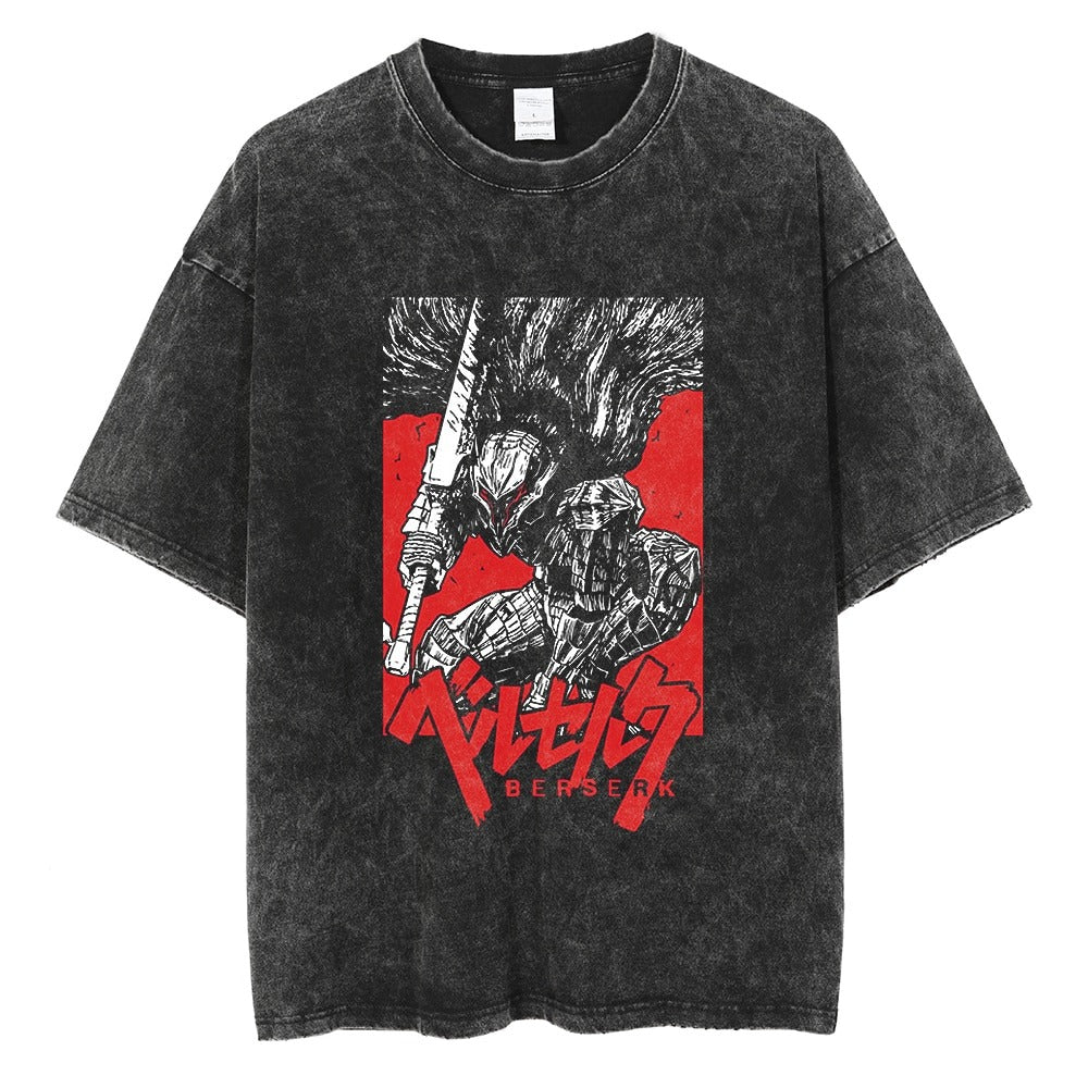 Anime - Streetwear - "ARMORED RAGE" - Berserk Anime Oversized Vintage / Acid Washed Guts T-Shirts - Alpha Weebs